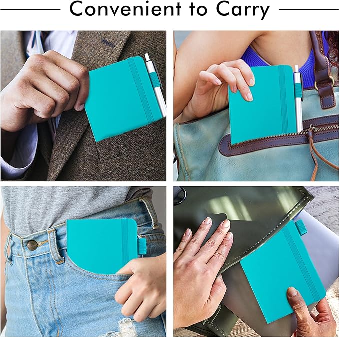 feela 6 Pack Pocket Mini Notebooks Bulk, Small Cute Memo Notepads Hardcover College Ruled Lined Journals with Pen Holder for School Business Work, with 6 Black Pens, 3.5”x 5.5”, A6, Emerald