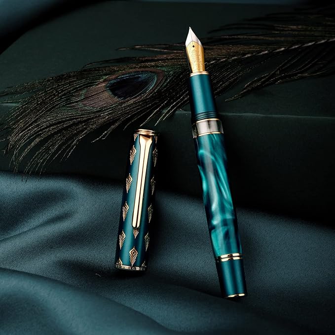 Hongdian N7 Blue Peacock Resin Piston Fountain Pen, Iridium Long Blade Fine Nib Classic Pen, Smooth Writing Pen with Metal Box