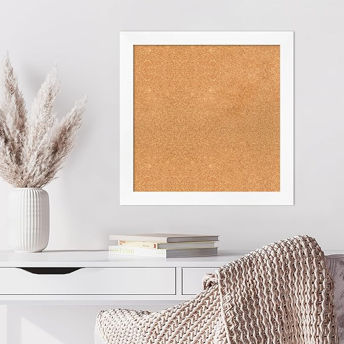 Amanti Art Natural Cork Board for Wall, 25x25 Vision Board with White Frame, Medium Corkboard Office Decor for Home Organization, Modern Corkboard Pinboard to Display Items for Home Organization in