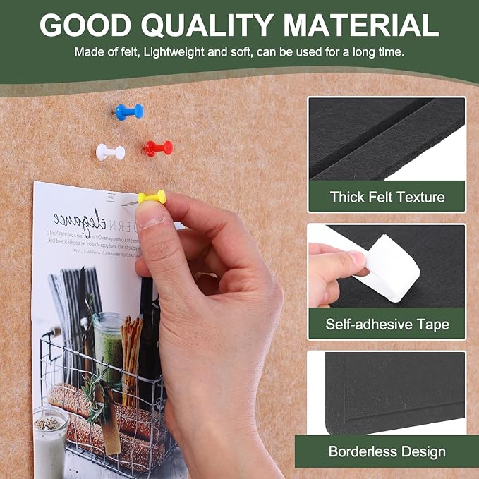 YOKIVE Felt Bulletin Board, 47 x 31.5 -Inch Foldable Decorative Pin Board Self Adhesive Felt Cork Board with 20 Pushpins, Great for Wall, Photo Display, Paste Note, Schedule(Black)