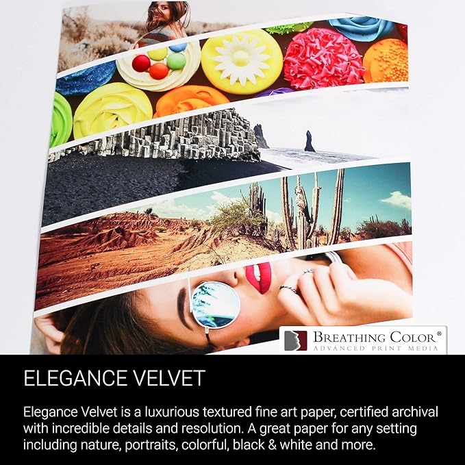 Elegance Velvet 54 in x 40 ft roll is a Premium Matte 310 gsm, Cold Pressed Bright White Museum Grade Fine Art Inkjet Paper, Compatible with Most Dye-Based and Pigment Printers