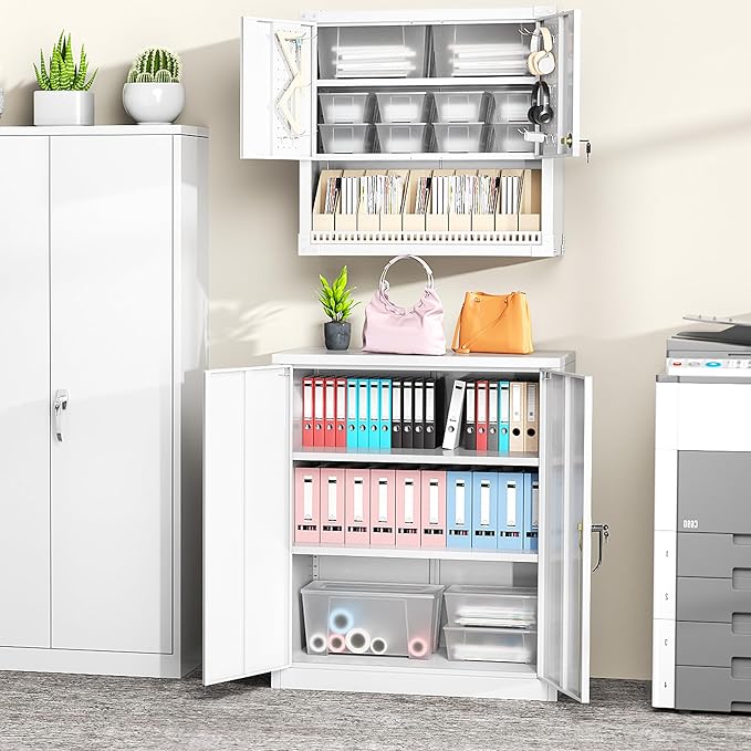 Greenvelly Metal Garage Storage Cabinet, Lockable Metal Cabinets with 2 Doors and Shelves,36”Steel Storage Locking Counter Cabinet for Office,Garage,Kitchen,Home,School(White)