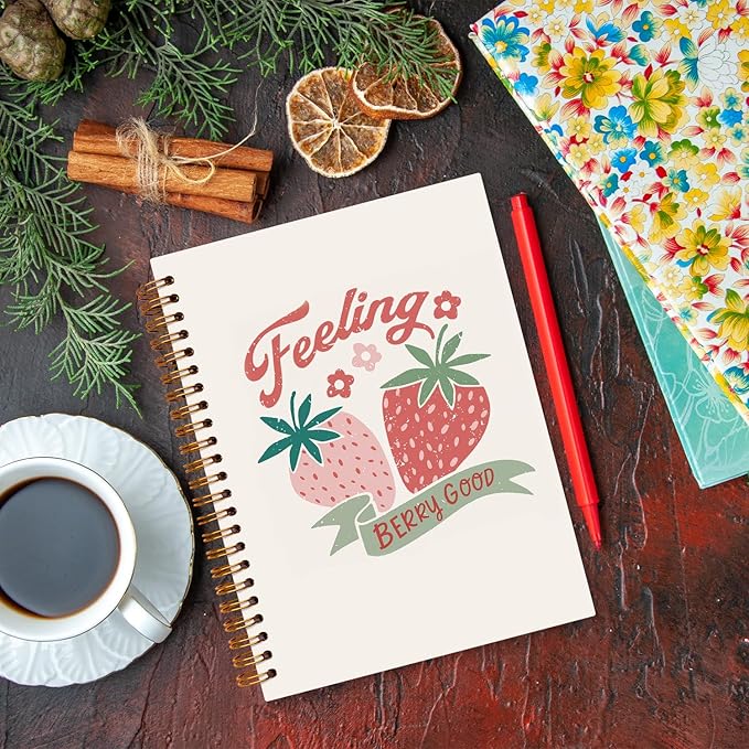JXREQ Trendy Preppy Pink Strawberry Notebook Girly Journal Notebook for Women School Office Supplies, Notebooks for Note Taking Writing, Girly Spiral Notebooks 5.5x8.3