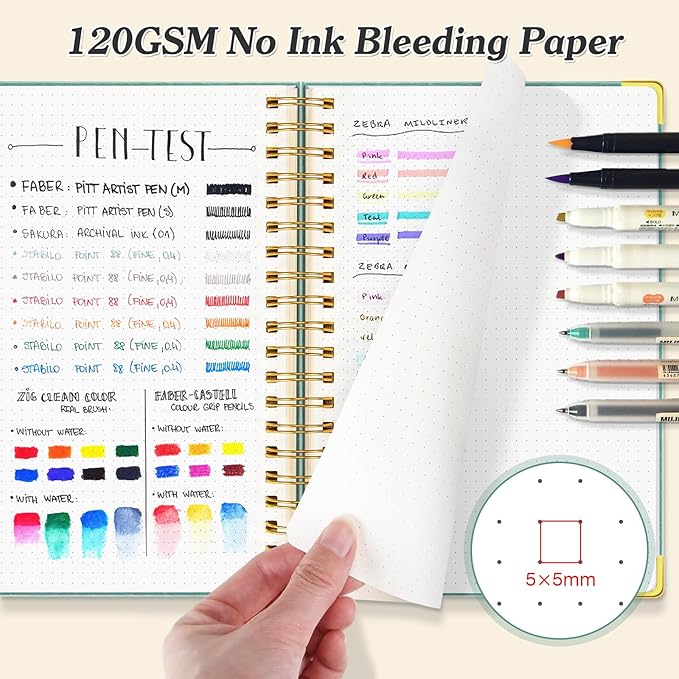 Bullet Dotted Journal Spiral Notebook, 300 Pages Leather Notebooks with Contens, 120 GSM Thick No Bleed Through Paper Journals, A5 Dot Grid Notebook for Women Men School Work Writing, 5.5" x 8", Pink