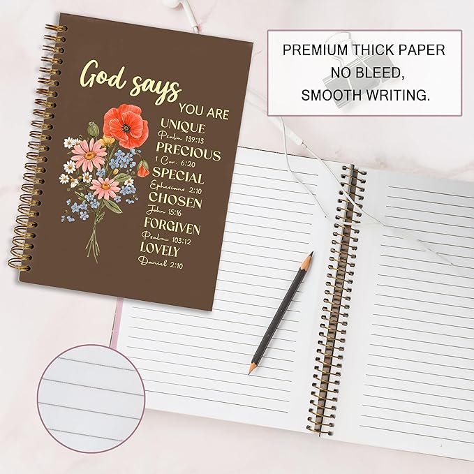 Bible Notebook, A5 Spiral Christian Journal with Floral Pink Butterfly Notebook, Bible Verse-God Says You Are, Inspirational Notebooks for Women, Bible Study, Gift for Birthday Christmas