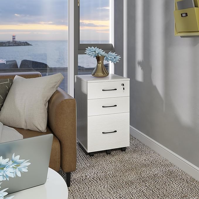 File Cabinet With Lock, 3 Drawer Wood Rolling Filing Under Desk for Home Office, Storage Fits Letter/A4 Size, Mobile Printer Stand, White