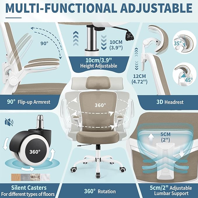 FelixKing Ergonomic Office Chair, Headrest Desk Chair Office Chair with Adjustable Lumbar Support, Home Office Swivel Task Chair with High Back and Armrest, Adjustable Height Gaming Chair(Khaki)