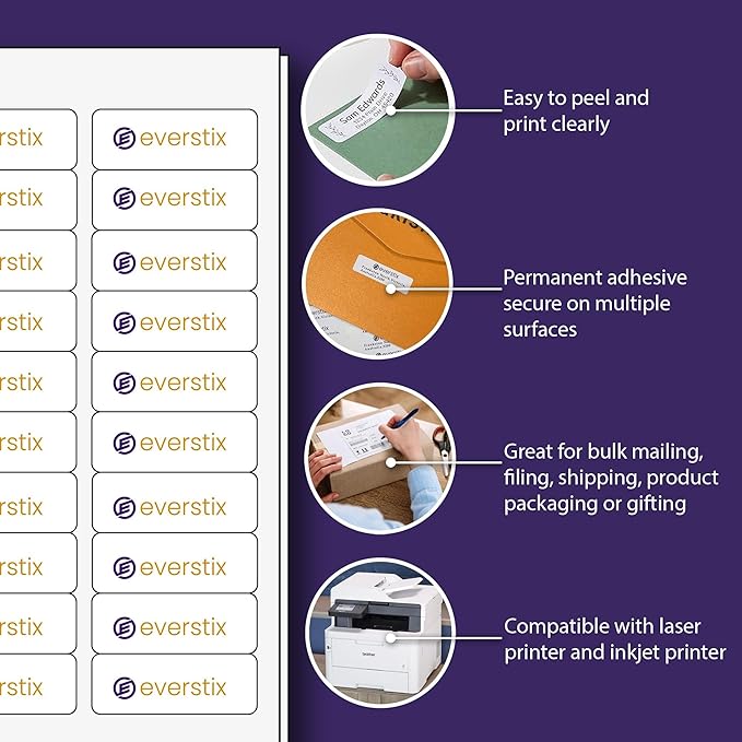1" x 2-5/8", 25 Sheets, 750 Mailing Address Labels, White Sticker Labels for Laser & Inkjet Printers, Permanent Adhesive