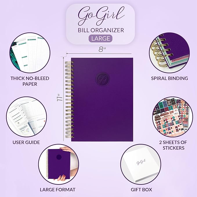 GoGirl Budget Planner & Monthly Bill Organizer – Monthly Financial Book with Pockets. Expense Tracker Notebook Journal, Large (Purple)