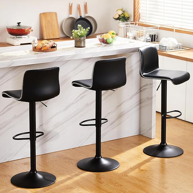 HeuGah Swivel Bar Stools Set of 4, Counter Height Bar Stools with Back, Adjustable Bar Stools 24" to 32", Black Faux Leather Bar Chairs for Kitchen Island (Black, Set of 4 (24'' to 32''))