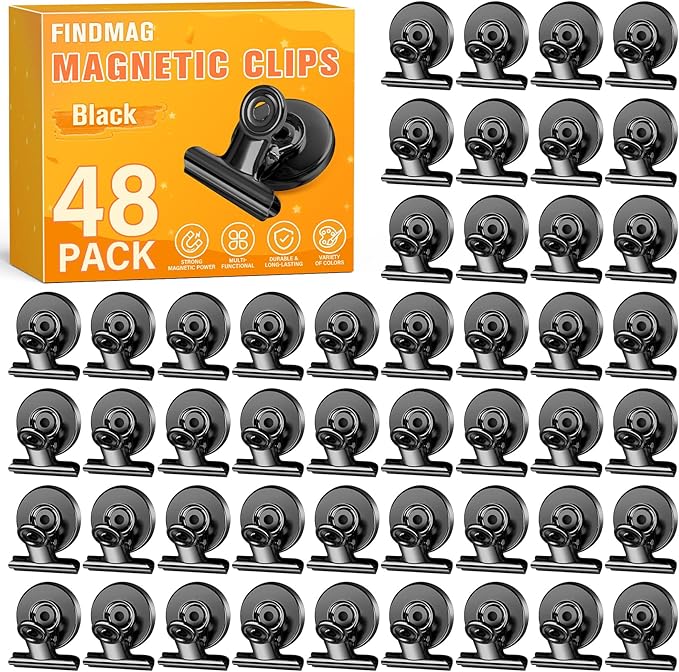 FINDMAG 48 Pack Magnetic Clips for Photo Display, Picture Hanging, Heavy Duty Scratch-Free Magnet Clips for Refrigerator, Metal Fridge Magnets for Whiteboard, Kitchen, Office, School Use.