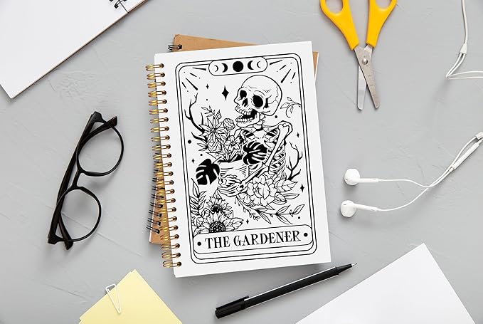 The Gardener Tarot Journal Notebook - Gothic Goth Skeleton Skull Notebook, Gardener Gifts for Women, Witchy Journal, Witchy Gifts for Women, Moon Phase Journal, Spiral Notebook 5.5x8.3