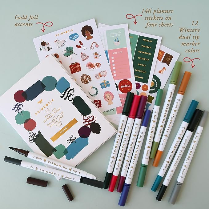 Primrosia 12 Dual Tip Watercolor Marker Pens - Fine Tip & Brush Tips, Professional Quality, 4 x Sticker Sheets, Blendable, Non-Toxic, Perfect for Calligraphy, Drawing & Coloring. (Alpine)