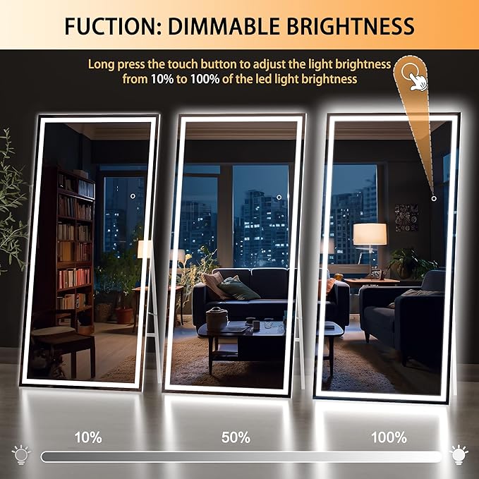 Hasipu Full Length Mirror with Lights, 71" x 32" LED Lighted Floor Standing, Full Body Dressing Hanging Mounted Mirror, Dimmable, Tempered Glass, Safe to Use, Square White