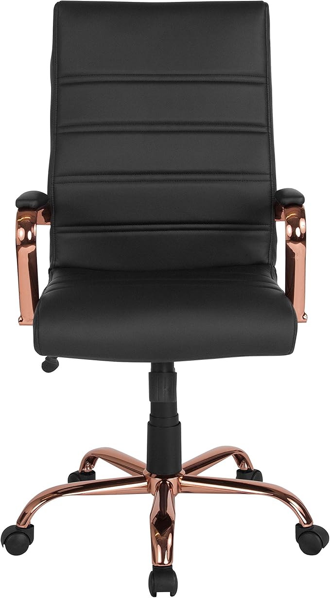 Flash Furniture Whitney High-Back Swivel LeatherSoft Desk Chair with Padded Seat and Armrests, Adjustable Height Padded Office Chair, Black/Rose Gold