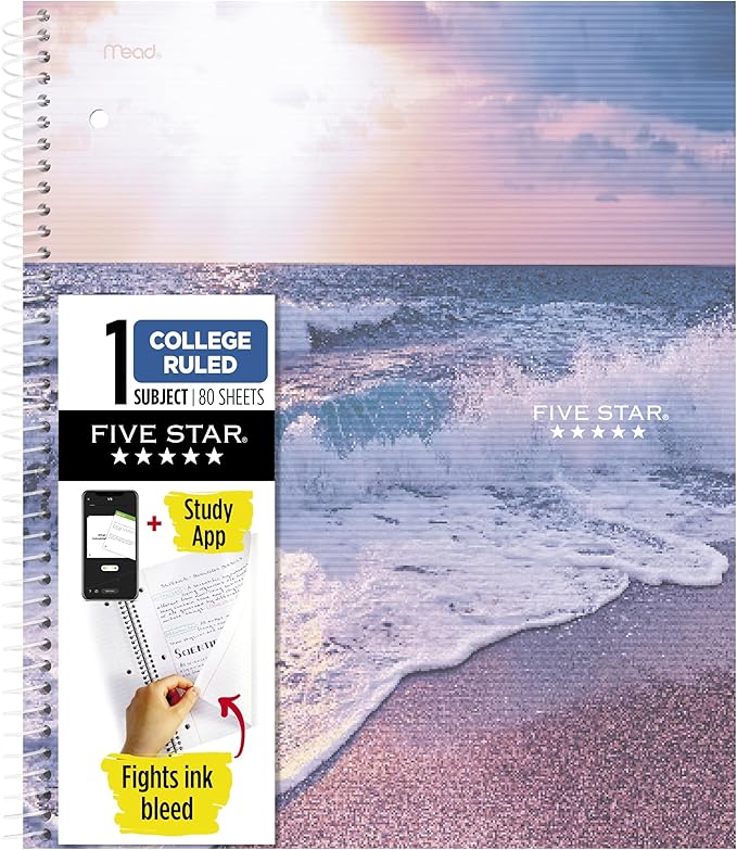 Five Star Spiral Notebook + Study App, 1 Subject, College Ruled, 8-1/2" x 11", 80 Sheets, Fights Ink Bleed, Water Resistant Cover, Ocean Tide (820443F-ECM)