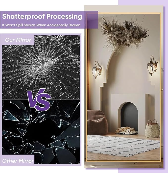 Full Length Mirror, 86"x46" Oversized Floor Mirror Freestanding, Full Body Mirror Floor Standing Mirrors with Stand, Hanging Mounted Mirrors for Bedroom Living Room, Gold, Rect Style