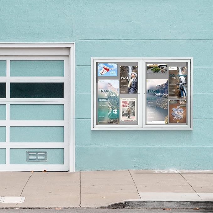 Outdoor Bulletin Board Weatherproof 48x36 in,Enclosed Bulletin Board with Locking Door, Wall Display Case for Office School Home Commercial, Silver Aluminum Frame, Gery Felt