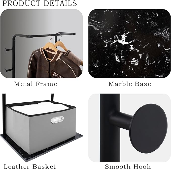 Heavy Duty Coat Rack with Storage Basket Metal Hanging Clothes Rack with Marble Base Modern Standing Clothing Rack for Entryway Bedroom Living Room Hotel 19.69 x 13.39 x 67.72 Inches (Black)