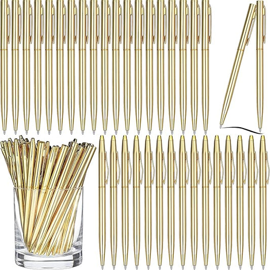 Fuutreo 50 Pack Wedding Gold Pens Bulk Gold Metal Pens Slim Ballpoint Retractable Ballpoint with Black Ink Mini Conical for Wedding Favors Guests, Office Business Teachers,1.0 mm