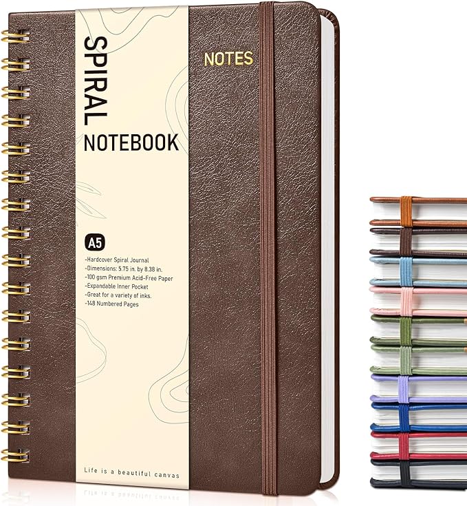Graph Spiral Journal Notebook, A5 Hardcover Spiral Journals for Women Men, 100 GSM Graph Paper Notebooks, 150 Pages Spiral Bound Grid Notebook for Writing Note Taking Work 5.75" x 8.38", Dark Brown