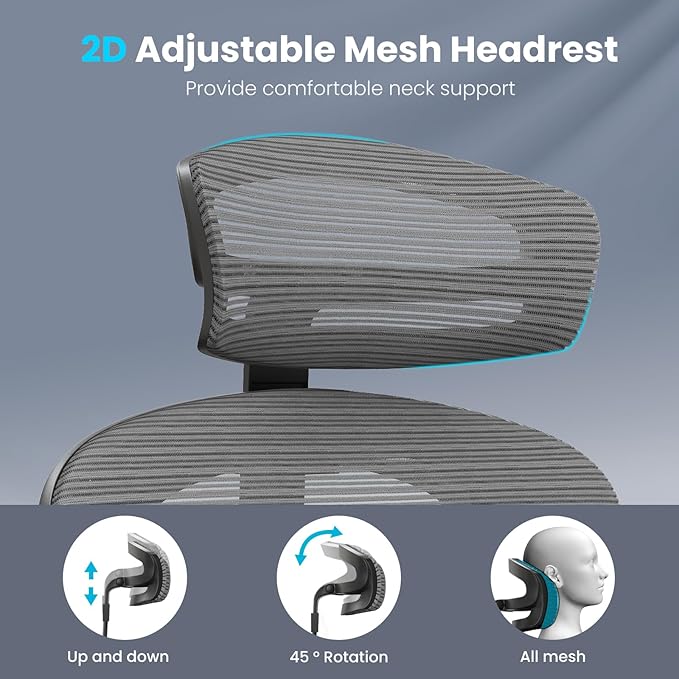 Farini Office Chair Ergonomic Desk Chair, High Back Computer Chair with Wheels, Home Sutdy Chair for Heavy People, Office Chair Adjustable Seat Depth, 3D Armrests and Adjustable Headrest, Gray