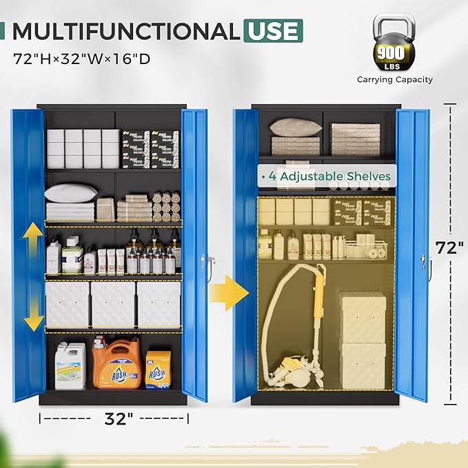 Greenvelly Metal Garage Storage Cabinet, 72" Tall Steel Storage Cabinets with 2 Doors and 4 Adjustable Shelves, Metal Tool Cabinets, Locking File Cabinet for Home Office, Garage, School (Black Blue)