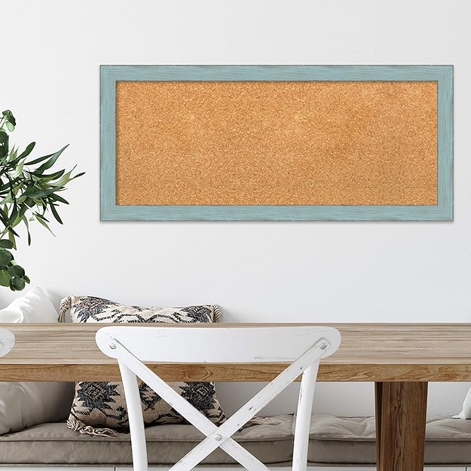 Amanti Art Natural Cork Board for Wall, 14x32 Vision Board with Blue Wood Frame, Medium Corkboard Office Decor for Home Organization, Rustic Farmhouse Corkboard Pinboard to display items for home