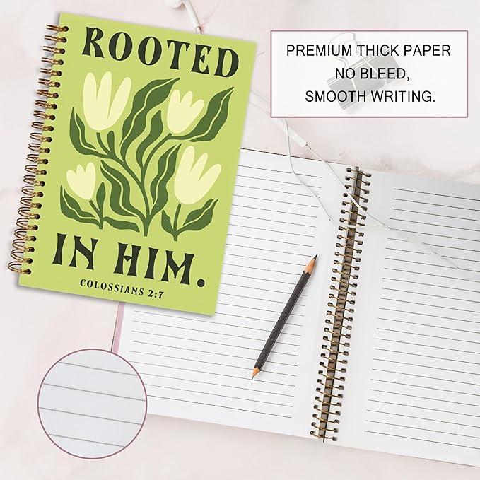 Bible Journal, A5 Spiral Christian Bible Green Flower Notebook, Rooted in Him, Bible Verse Gift for Women Men Birthday Christmas, Sunday School, Office Supplies, Bible Study (Green-flower)