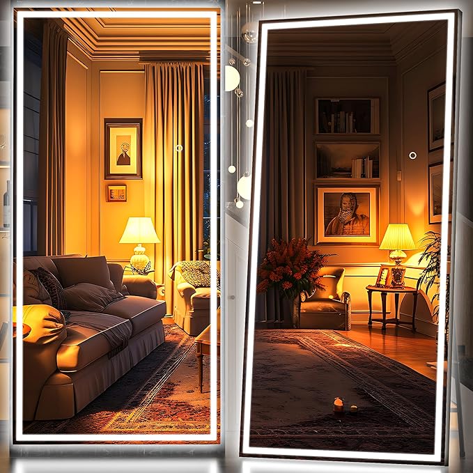 Hasipu Full Length Mirror with Lights, 95" x 40" LED Lighted Floor Standing Mirror, Full Body Dressing Hanging Mounted Mirrors, Dimmable, Tempered Glass, Safe to Use, Square Black