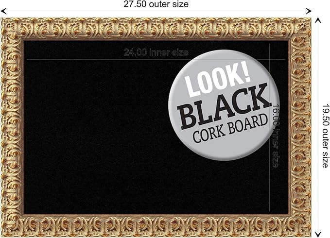 Amanti Art Black Cork Board for Wall, 19x27 Vision Board with Gold Wood Frame, Medium Corkboard Office Decor for Home Organization, Traditional Corkboard Pinboard to display items for home