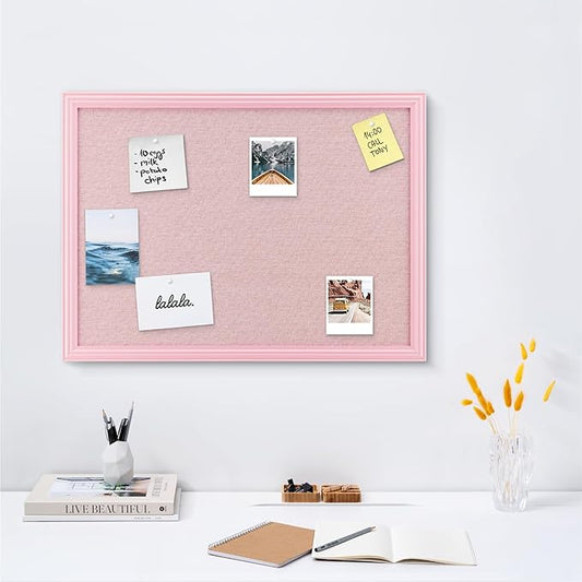 Navaris Framed Linen Bulletin Board - Approx. 58x43cm Fabric Jewelry Organizer Pinboard for Wall Memory Memo Pin Board - Pink Linen with Pink Frame
