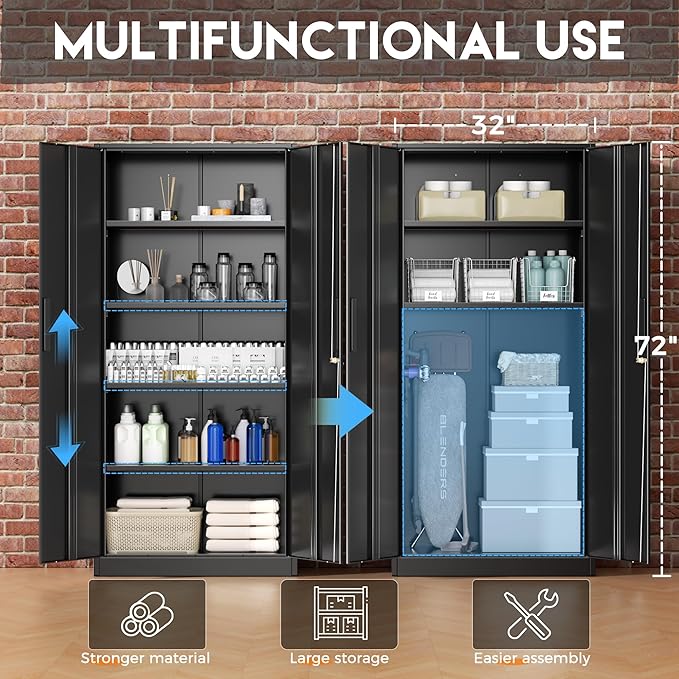 Greenvelly Metal Storage Cabinet with Lock, 72” Black Garage Storage Cabinet with Doors and Shelves, Tall Lockable File &Tool Cabinet for Home Office, Metal Classroom Cabinet Basement