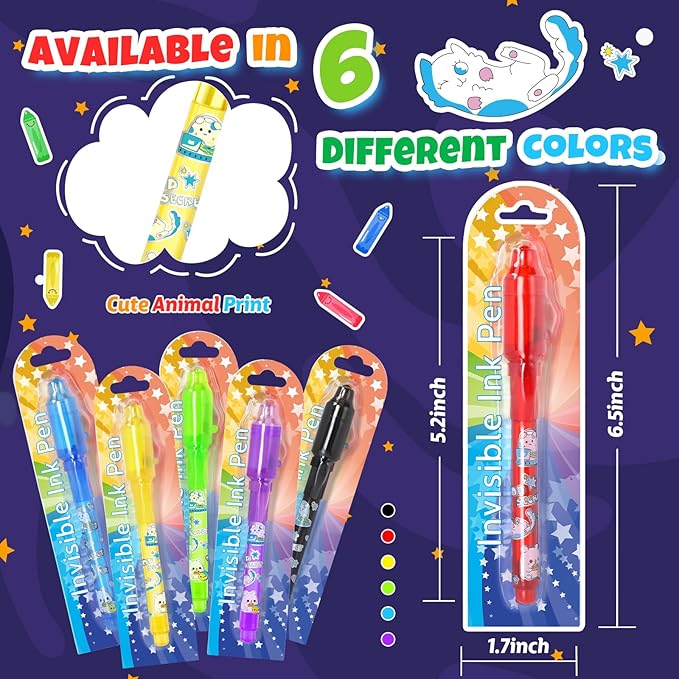 GIFTINBOX Invisible Ink Pen with UV Light for Kids, 24PCS Spy Pen Party Favors for Kids 8-12, Magic Marker for Secret Message, School Supplies Birthday Goody Bag Stuffers for Boys Girls