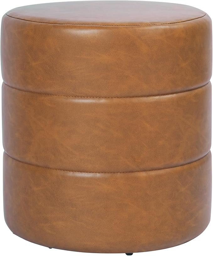 HomePop Upholstered Faux Leather Round Ottoman Home Décor|Foot Rest Ottoman- Carmel Brown