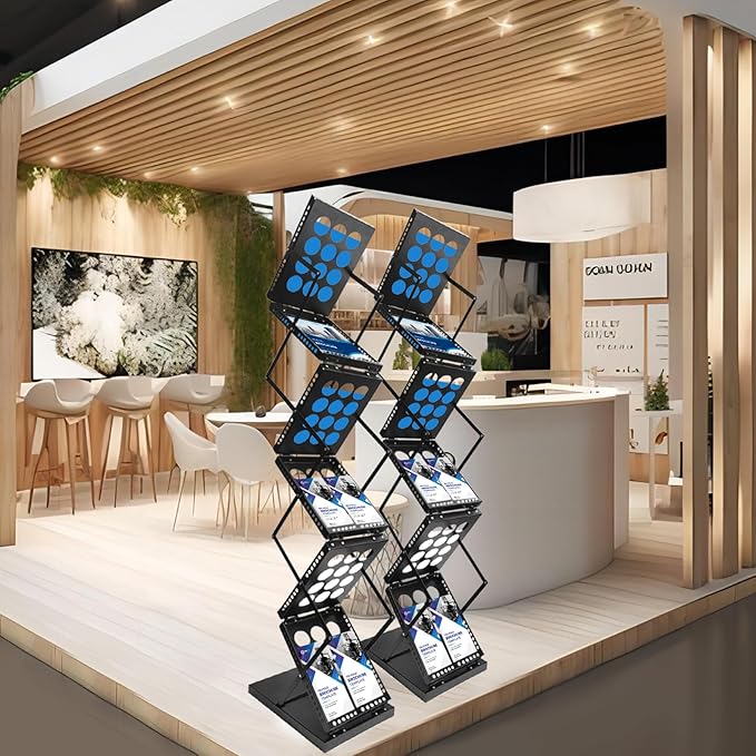 Folding Literature Rack, 6 Pockets Metal Brochure Holder Stand Floor Standing Magazine Rack，Double-sided Display Flyer Holder Stand Literature Stand for Trade Show Office Store Home