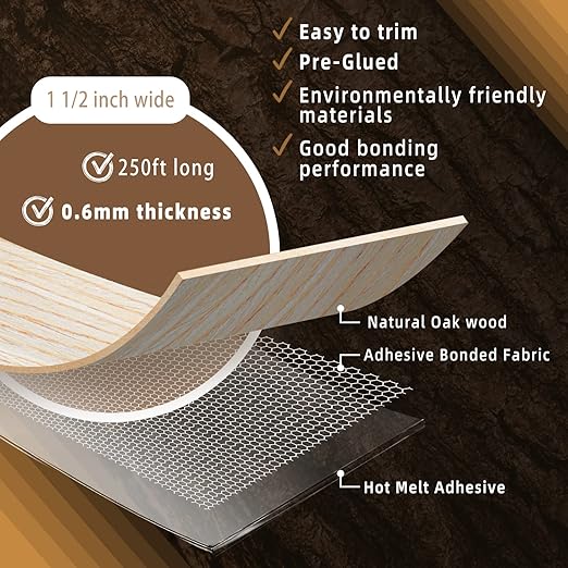 GSCIT Club Oak Edge Banding, 1 1/2 inch x 250ft roll of Veneer Plywood Edge Banding Preglued Flexible, Wood Tape Banding for Cabinet Repair