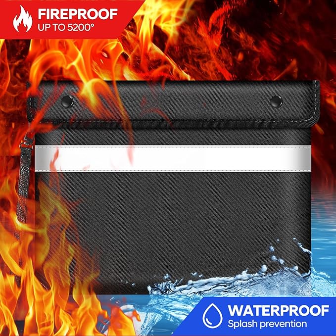Fire Proof Money Bag for Cash 5200℉ Heat Insulated,Fireproof Waterproof Document Pouches with Double-Sided Reflective Strip,Money Envelopes for Cash,Valuables,Jewelry(11"x7.7",Black)