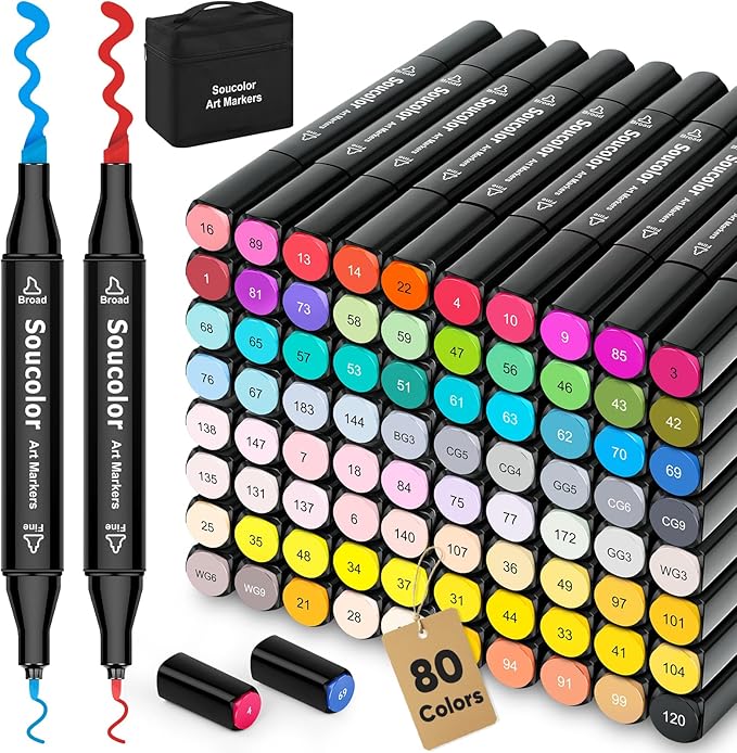 Soucolor Alcohol Markers, 80 Colors Dual Brush Tip Permanent Art Coloring Marker for Book Painting Card Making, Art Supplies Gift Box for Adults Teens Kids Boys Girls 8-12