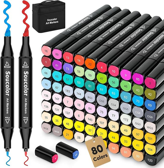 Soucolor Alcohol Markers, 80 Colors Dual Brush Tip Permanent Art Coloring Marker for Book Painting Card Making, Art Supplies Gift Box for Adults Teens Kids Boys Girls 8-12