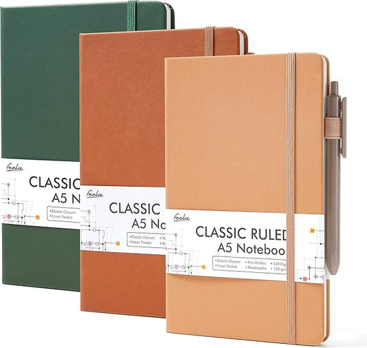 feela Hardcover Notebook For Work, Classic Ruled Lined Journal Set School Business Supplies, with 3 Black Pens, 120 GSM, 5.1”x8.3”, 3 Pack, A5, Vintage Colors