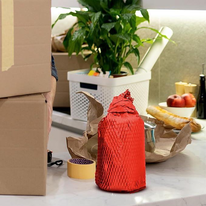 Red Honeycomb Packing Paper for Moving Breakables, 15 Inch x 100 Feet. Fragile Shipping Supplies. Perforated Packing Materials for Fragile Items. Moving Paper Wrap. Eco Friendly Packaging