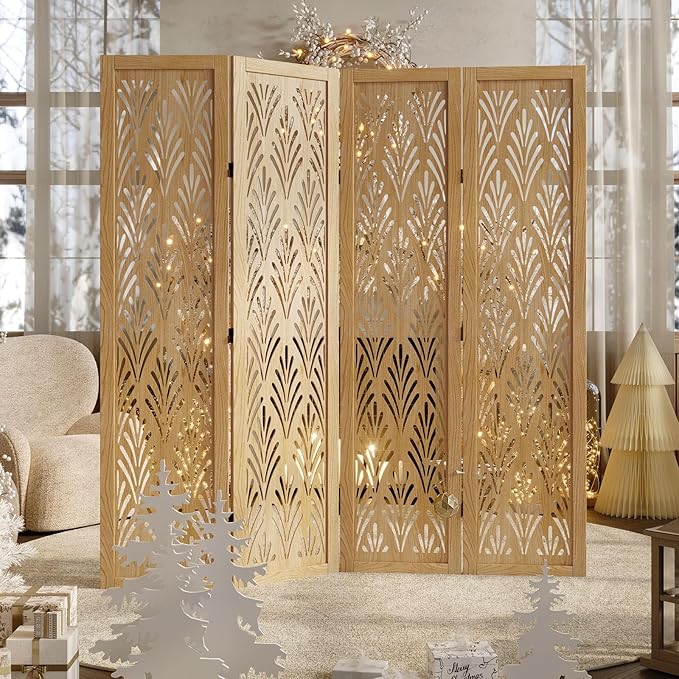 5.6Ft Room Divider Folding Wood Simple Carved Partition Screen for Home Office Garden - 4 Panels (Natural)