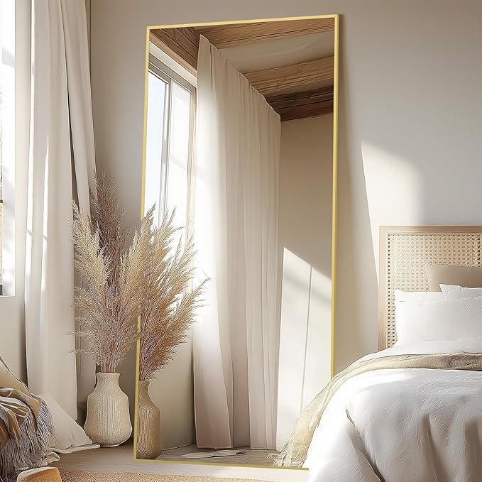 Full Length Mirror with Stand 76"x34" Extra Large Gold Floor Mirror, Rectangle Standing Mirror for Living Room Bedroom Cloakroom Gym, Thin Aluminum Frame, Tempered Glass