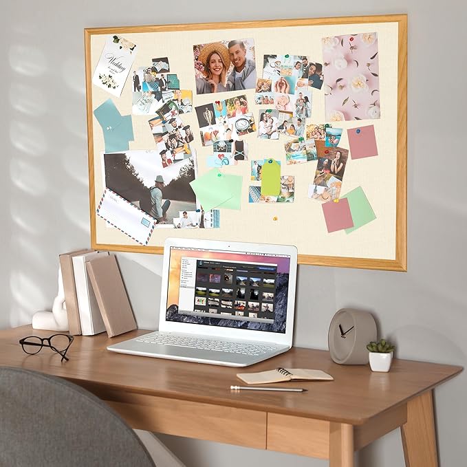 SHANTRA 24 x 18 Inch Bulletin Board with Beige Fabric, Wood Framed Canvas Cork Board, Corkboard for Walls with 10 Pins, Decorative Vision Board, Wall Mounted Notice Board for Home, Office, School