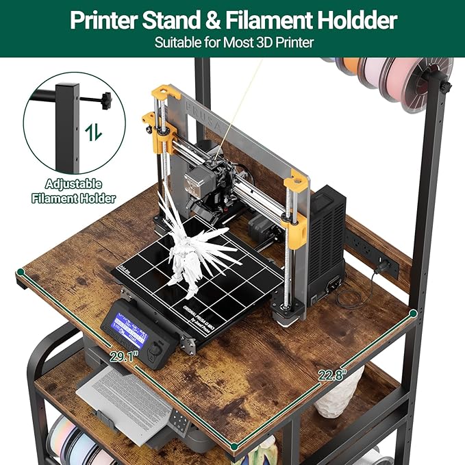 Homieasy Printer Stand with Charging Station, 29.1" x 22.8" Large 3D Printer Table with Filament Storage, Heavy Duty Rolling Printer Cart with 4-Tier Storage for Workshop/Office/Garage, Rustic Brown