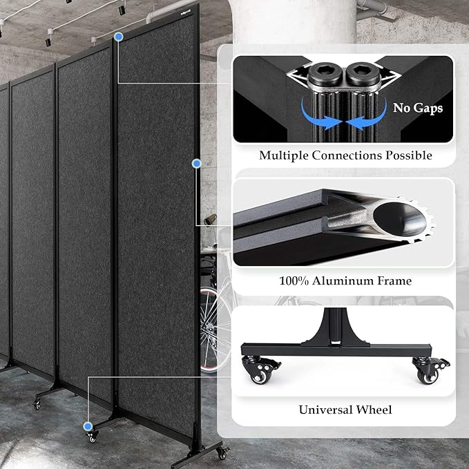 Upgrade Version Room Partition and Divider, Freestanding Rolling Dividers with Wheels,Office Privacy Screen Divider Wall,Classroom Felt Dividers,12'2"L* 6'7"H,6 Panel，Dark Grey