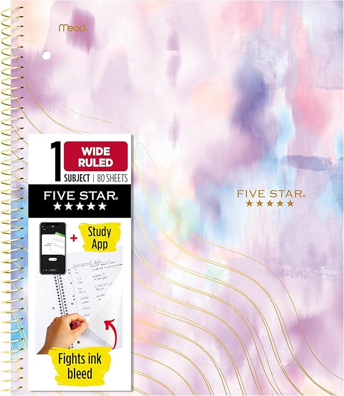 Five Star Spiral Notebook + Study App, 1 Subject, Wide Ruled, 8" x 10-1/2", 80 Sheets, Fights Ink Bleed, Water Resistant Cover, Pastel Tie Dye (930210F-ECM)