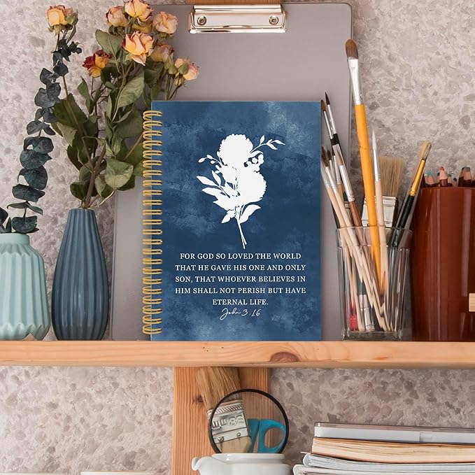 XPH Blue Christian Spiral Notebook, John 3:16 Bible Verse Journaling Notebooks for Women, Floral Religious Hardcover Journals for Writing 160 Pages 5.5 x 8.3 Inch, Christian Gifts for Women