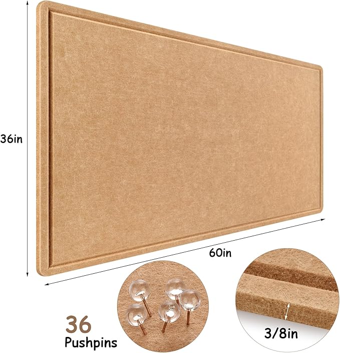 Large Bulletin Board, Foldable 60x36 Inches Cork Board Alternative, Large Felt Board Decorative Pin Board for Wall, Foldable Photo Board Self-Adhesive Vision Board with 36 Pushpins Brown